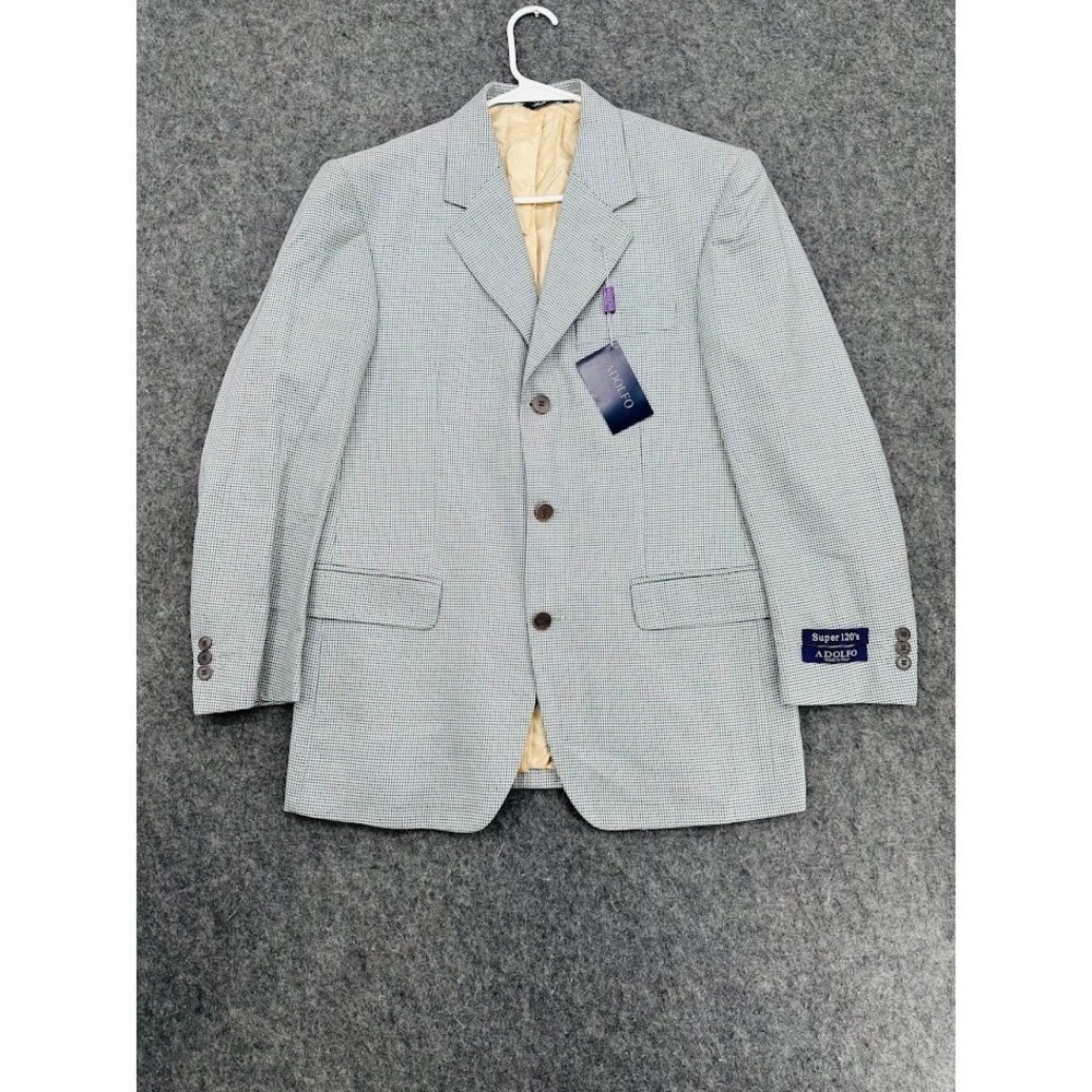 Adolfo Super 120's Blazer Jacket Silk Wool Italy Houndstooth Blue White 38S Luxu